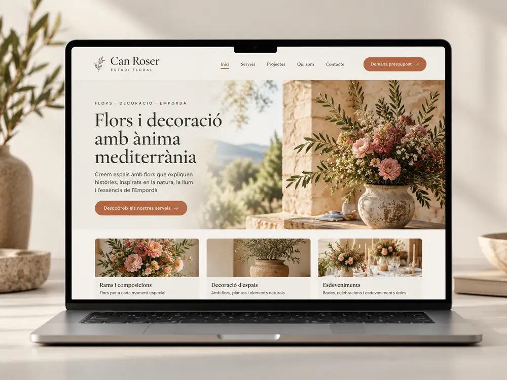 Exemple de web per a un estudi floral, vista en un ordinador portàtil